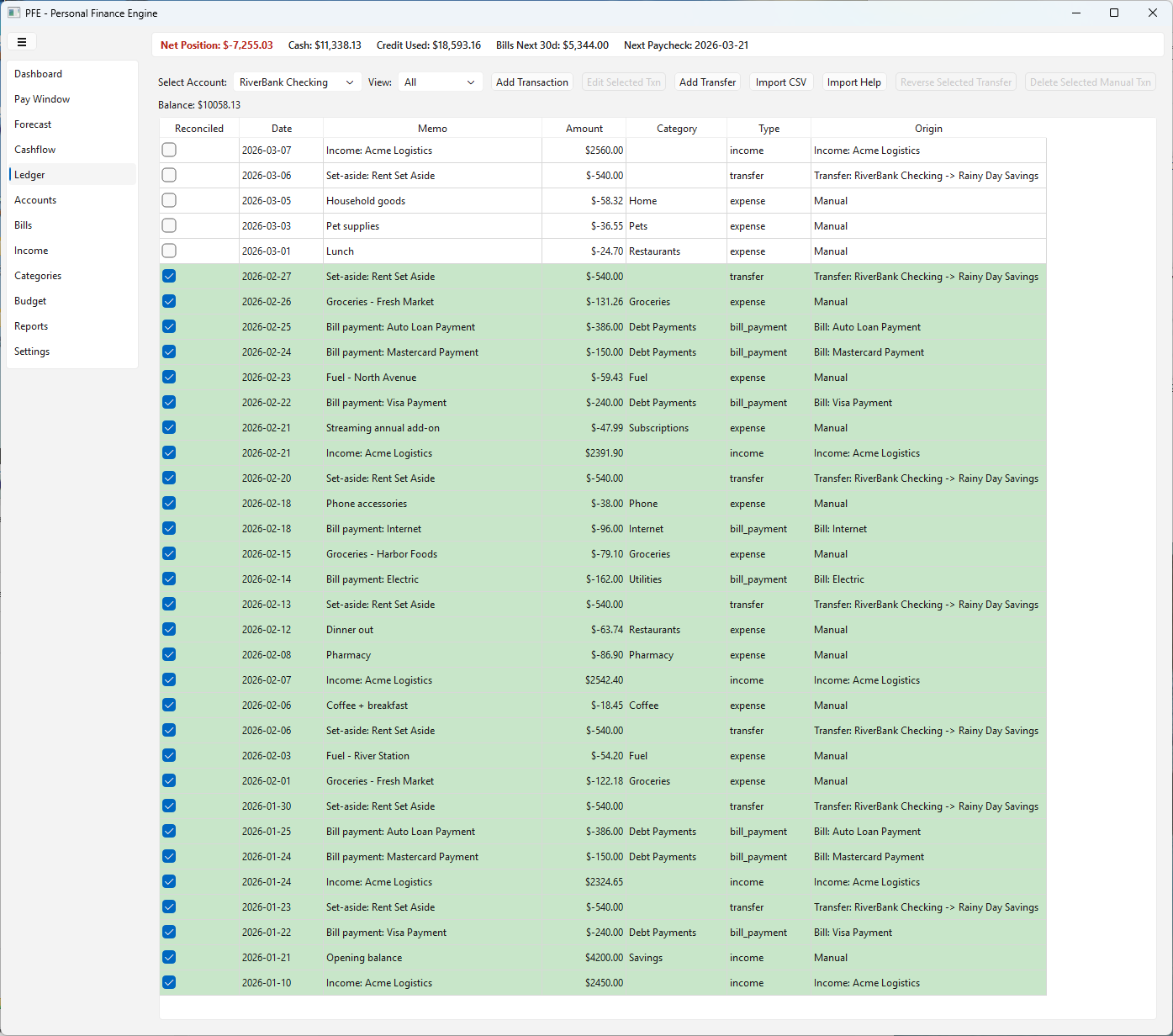 Ledger screen